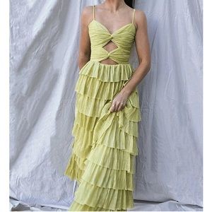 Grace Metallic Plisse Sweetheart Neck Cut-Out Tiered Tea Length by Gianni Bini